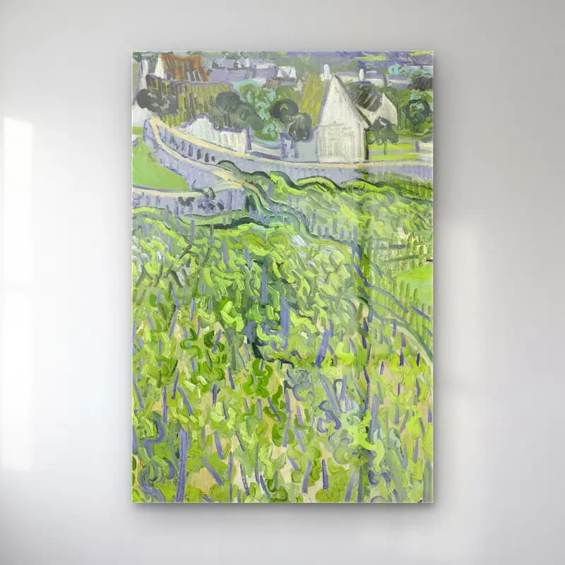 Vincent van Gogh – Vineyards at Auvers cam tablo — Vincent van Gogh – Vineyards at Auvers — empresyonist yeşil tepeler