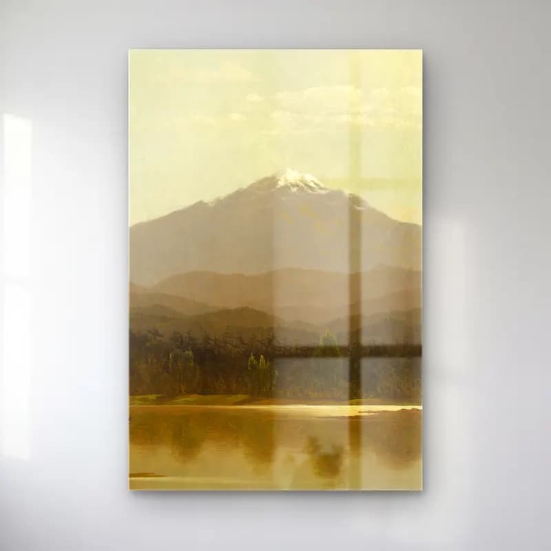 Albert Bierstadt – Laramie Peak – Bej Tonlar cam tablo — Albert Bierstadt – Laramie Peak – Bej Tonlar — yağlı boya karlı dağ zirvesi
