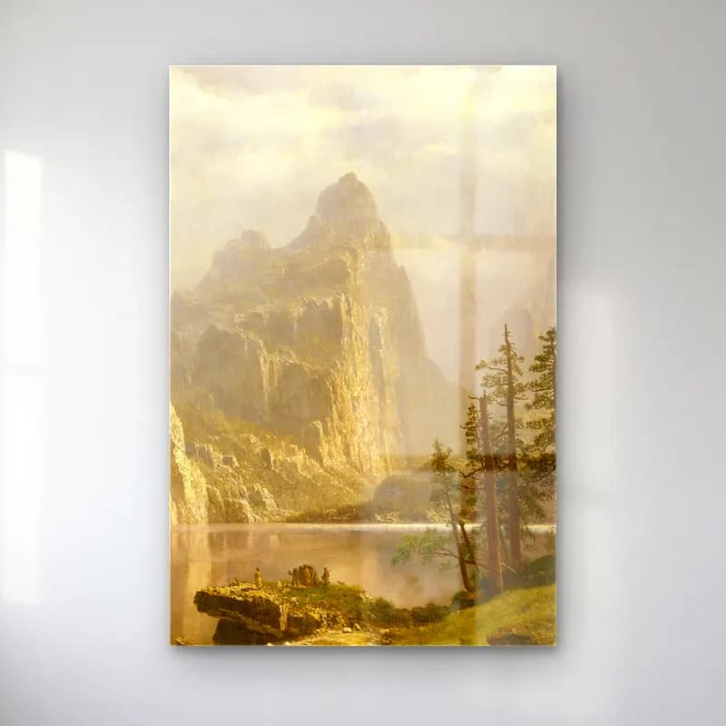 Albert Bierstadt – Merced River, Yosemite Valley – Bej Tonlar cam tablo — Albert Bierstadt – Merced River, Yosemite Valley – Bej Tonlar — yağlı boya dağ manzarası