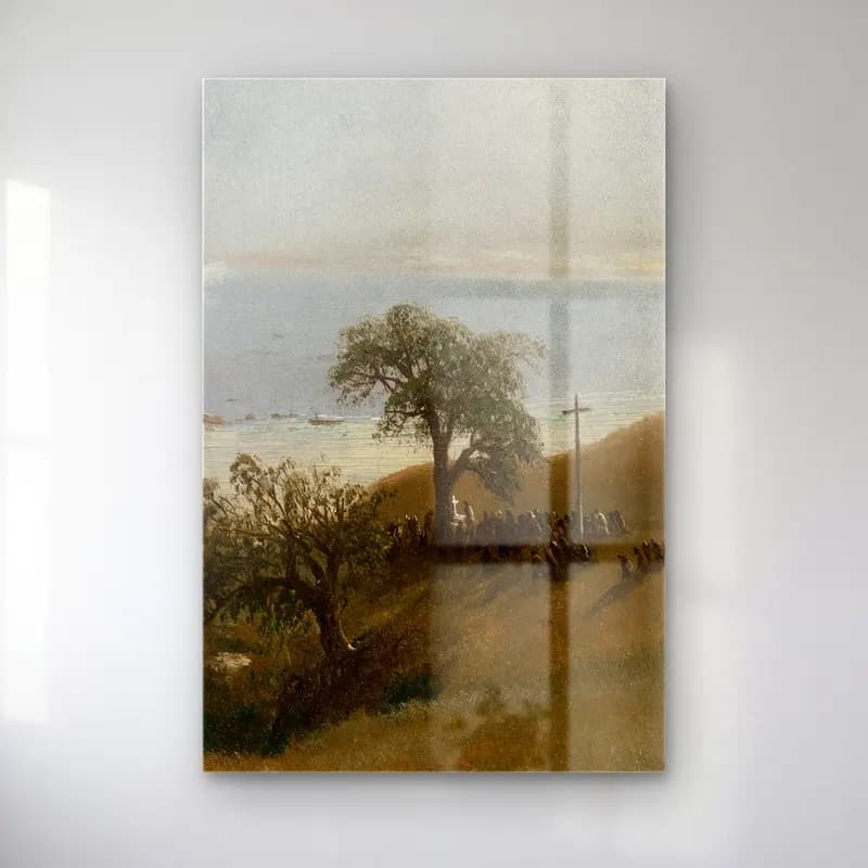 Albert Bierstadt – Study for Entrance into Monterey (circa 1876) – Bej Tonlar cam tablo — Albert Bierstadt – Study for Entrance into Monterey (circa 1876) – Bej Tonlar — yağlı boya sahilde i̇nsanlar